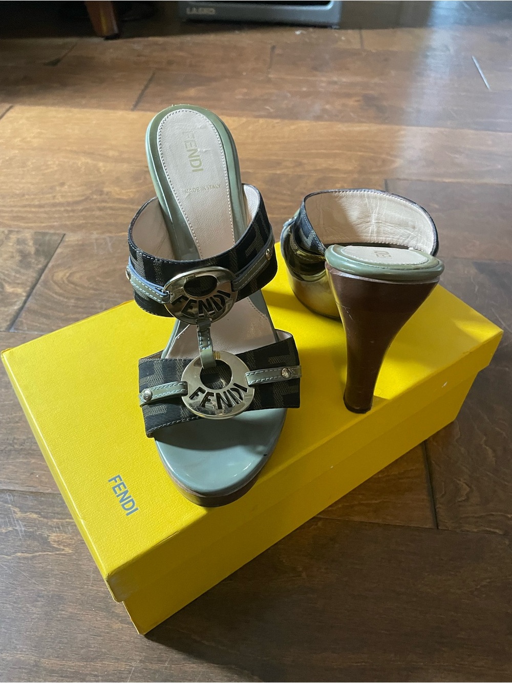 Fendi Brown Green Monogram Wood-Heel Mules - Picture 2 of 4